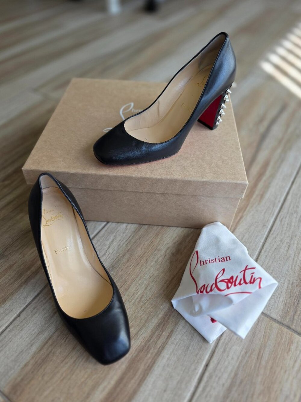 Christian Louboutin Marimalus Studded Black Leather Chunky Heels Eur. 38.5